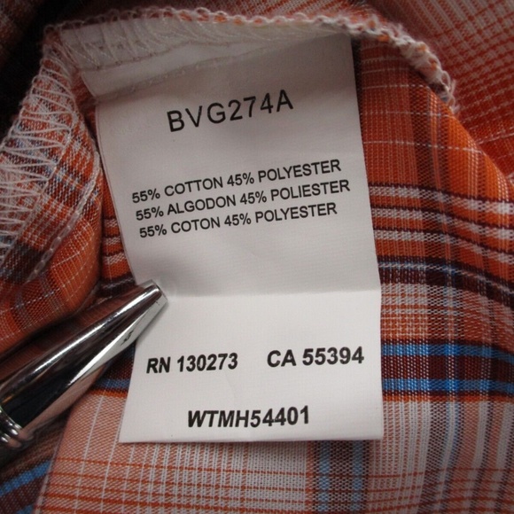 Wrangler Shirt Adult 2XL XXL Pearl Snap Orange Blue Tartan Plaid Men Button Down - Picture 8 of 15